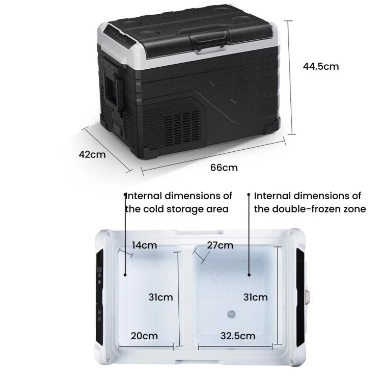 Portable car refrigerator cooler with interior dual compartments and removable lid view.