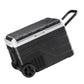 Portable car refrigerator with rolling wheels and telescoping handle, lid closed.