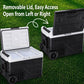 Portable car refrigerator cooler with open lid and removable inner tray, left access.