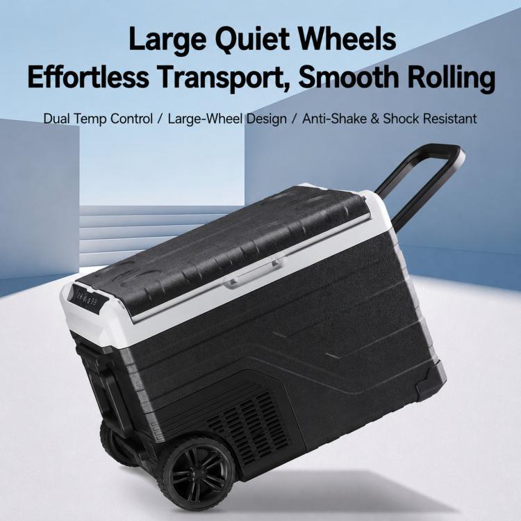 Portable car refrigerator cooler with large rolling wheels and top carry handle, lid closed.
