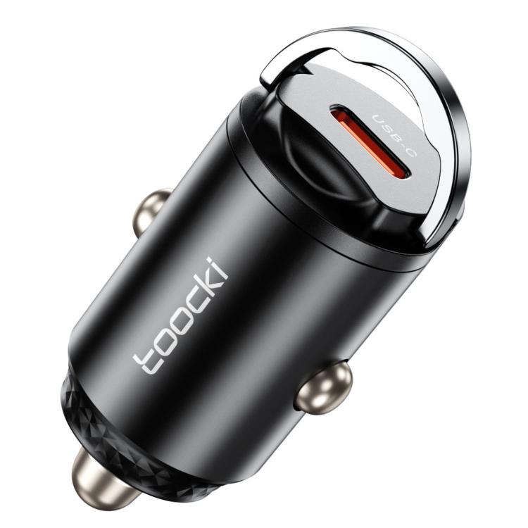 Black USB-C car charger with pull-ring handle and orange port insert