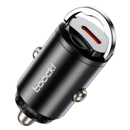 Black USB-C car charger with pull-ring handle and orange port insert