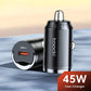 Black USB-C car charger with pull-ring base, compact cylinder shape