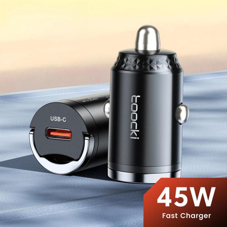 Black USB-C car charger with pull-ring base, compact cylinder shape