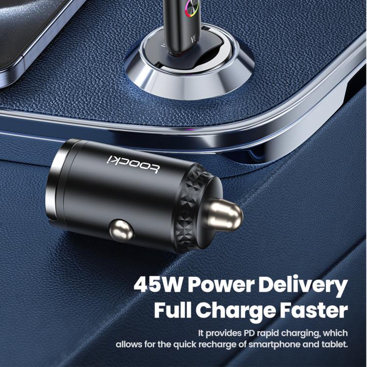 Black USB-C car charger with orange port insert and two metal plug pins