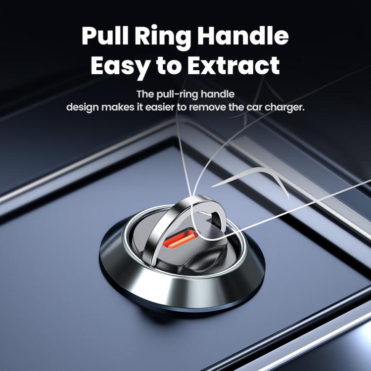 Black USB-C car charger with chrome pull-ring handle and orange port insert