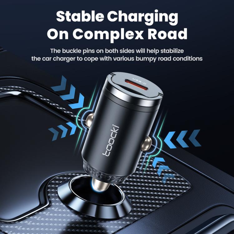 Black USB-C car charger with chrome base and orange port insert