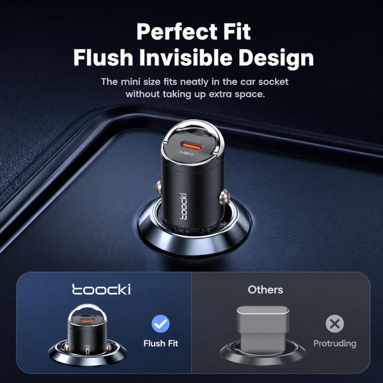 Black USB-C car charger with flush chrome base and orange port insert