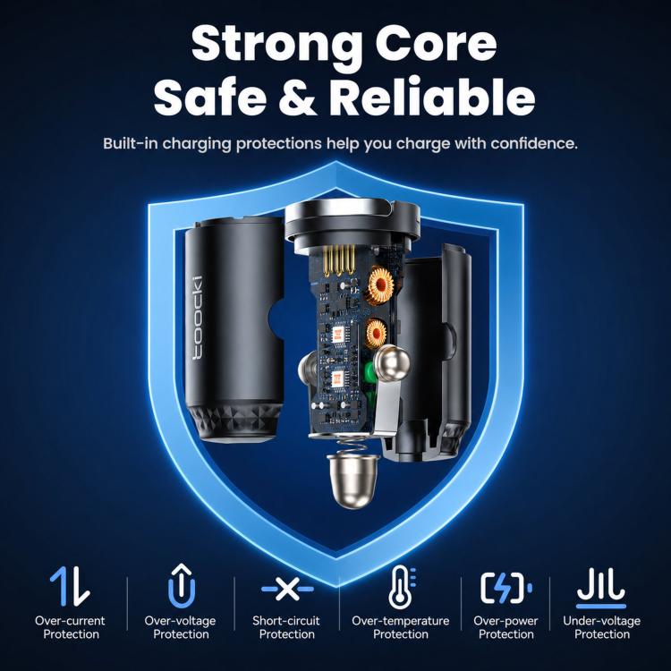 Black USB-C car charger with exposed internal circuit components and orange port