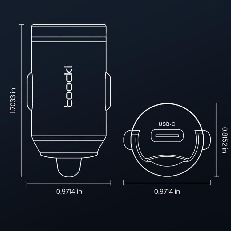 Black USB-C car charger dimension diagram with port view and pull-ring handle