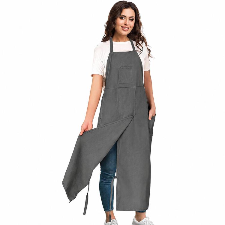 Split Leg Canvas Work Apron Multi-Pocket Adjustable Halter Neck Utility Apron With Leg Straps
