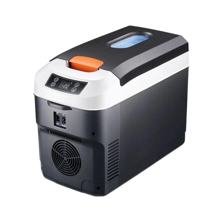 10L mini car refrigerator with black and white body, top handle, and control panel