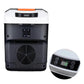 Mini car refrigerator with front fan grille, dual power ports, and close-up control display