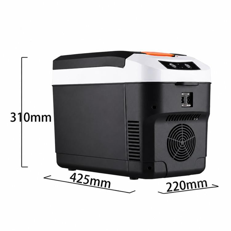 Mini car refrigerator side view with size layout, black and white body and side power port