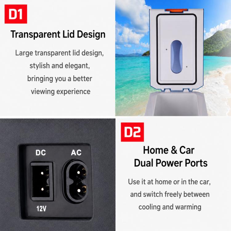 Mini car refrigerator with open lid and dual DC/AC power ports panel, black and white