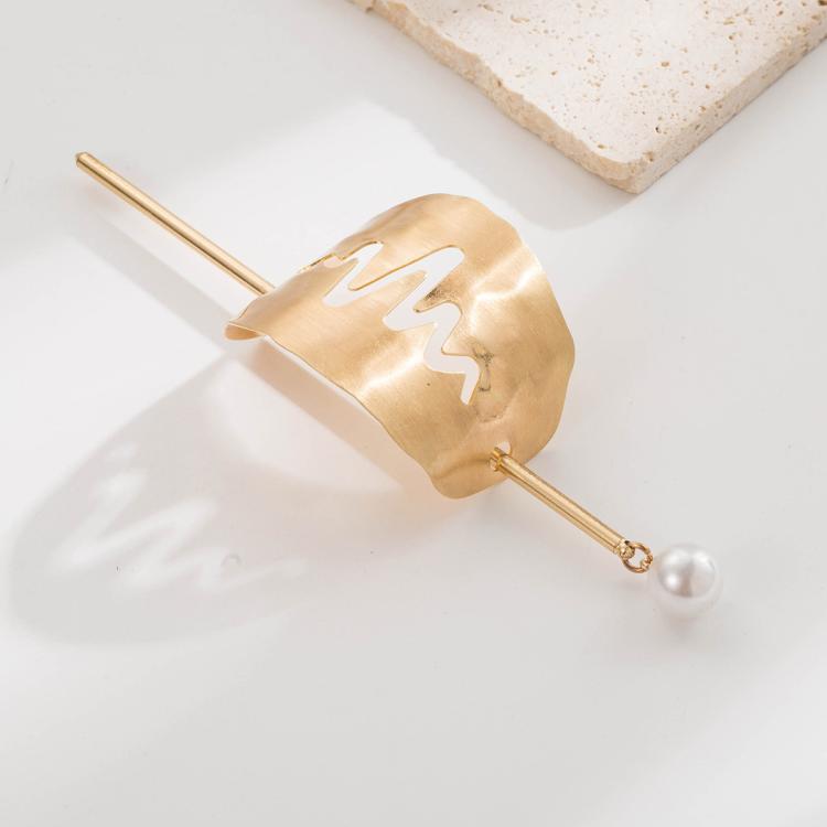 Gold textured hair bun cuff slide with zigzag edge and pearl pin