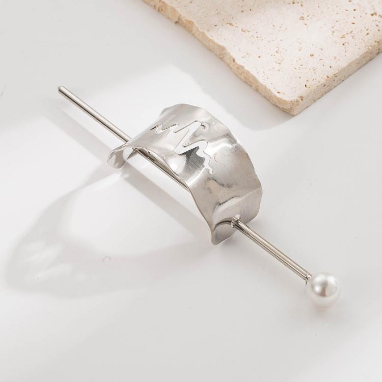 Silver hair bun cuff slide with raised zigzag texture and pearl drop pin