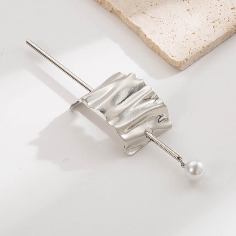 Silver wave hair cuff with pearl drop pin and textured metal slide