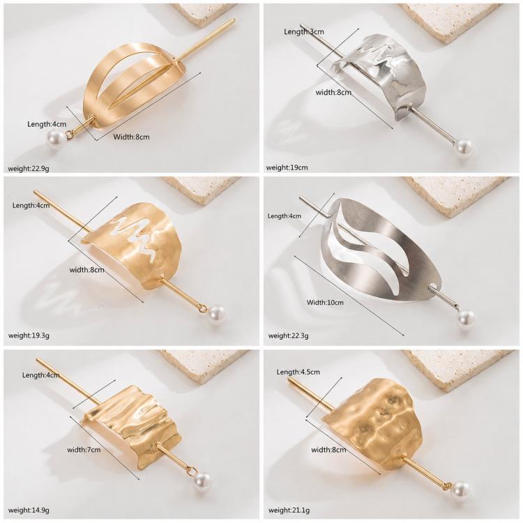 Geometric wave hair slide sticks with pearl pins, dimensions shown