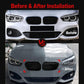 Black BMW front grille with vertical slats shown in before-and-after comparison