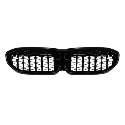 Front kidney grille with black frame and silver vertical mesh bars, double-slat design