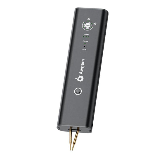 Handheld portable spot welder with black body and two pointed welding pins