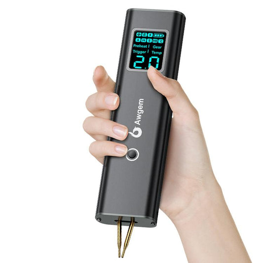 Awgem handheld spot welder with digital screen and two gold welding electrodes