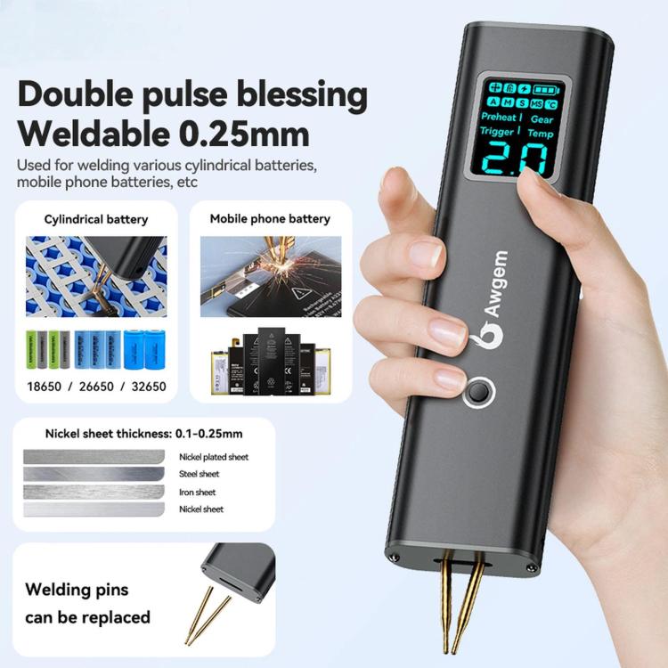 Awgem portable spot welder with screen, trigger area, and two welding pins