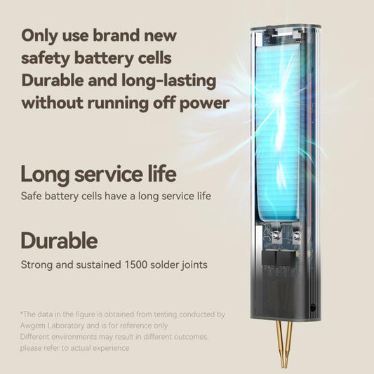 Portable spot welder with internal battery view window and two gold welding electrodes