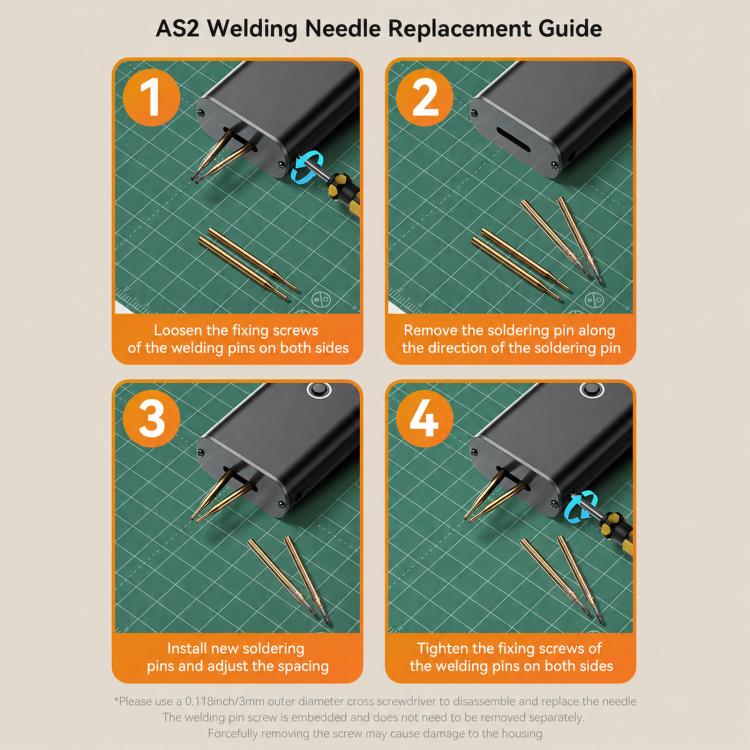 AS2 welding needle replacement guide with spot welder and spare pin electrodes