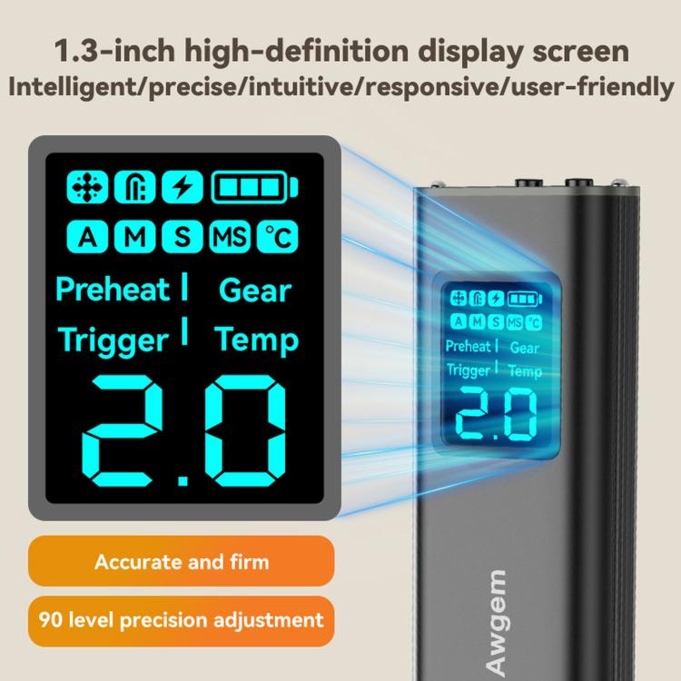 Awgem mini spot welder with 1.3-inch digital display showing settings