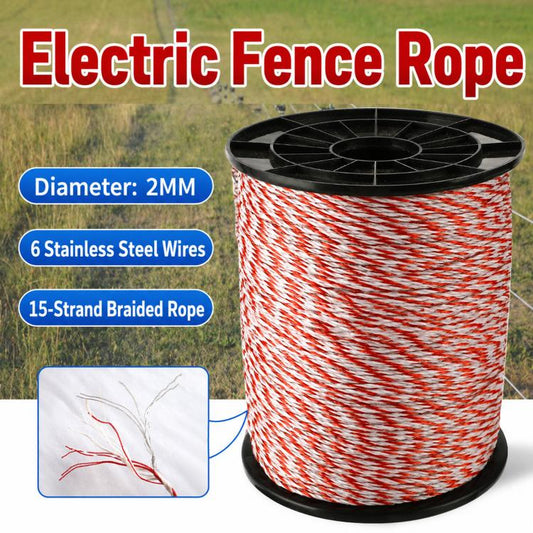 Red and white electric fence rope coil with braided conductive strands