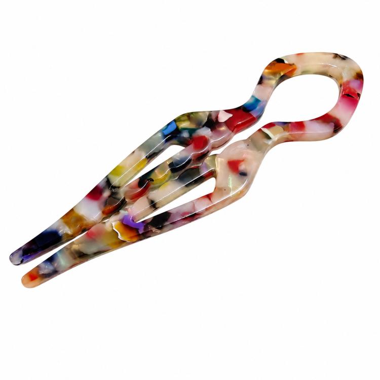 Multicolor U-shaped 2-prong hair pin bun holder in tortoise-shell acetate