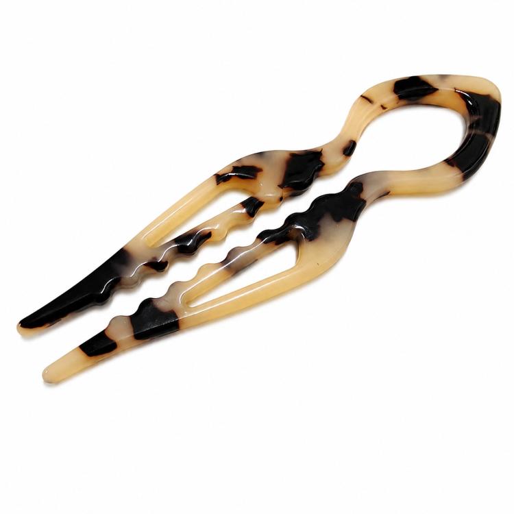Gold and black tortoise-shell U-shaped 2-prong hair pin bun holder in acetate