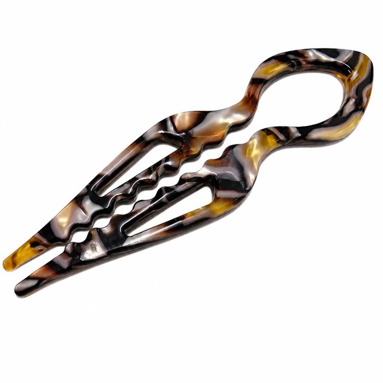 Dark tortoise-shell U-shaped 2-prong hair pin bun holder in acetate