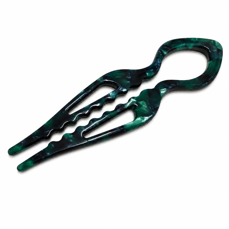 Deep green and black tortoise-shell U-shaped 2-prong hair pin bun holder in acetate