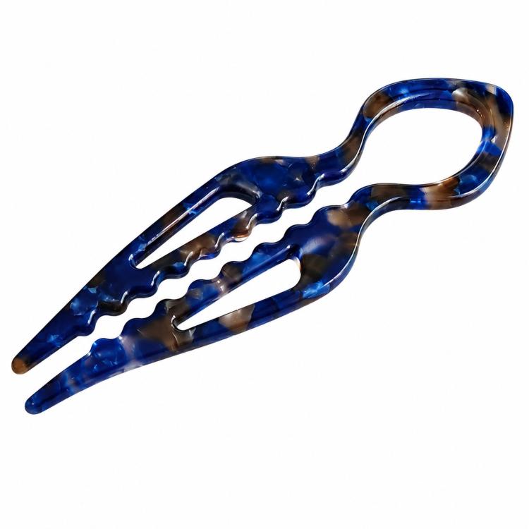 Blue tortoiseshell acetate U-shaped hair pin with 2 prongs, fish bun holder.