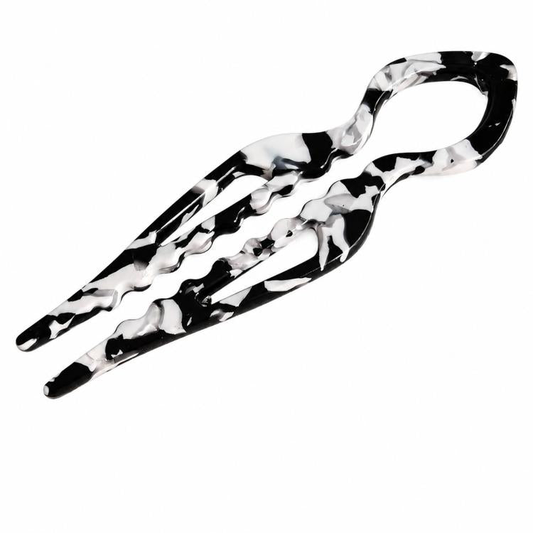 Black-and-white cow print acetate U-shaped hair pin with 2 prongs, fish bun holder.