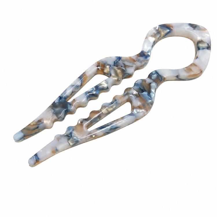 Light blue and brown marbled acetate U-shaped hair pin with 2 prongs, fish bun holder.