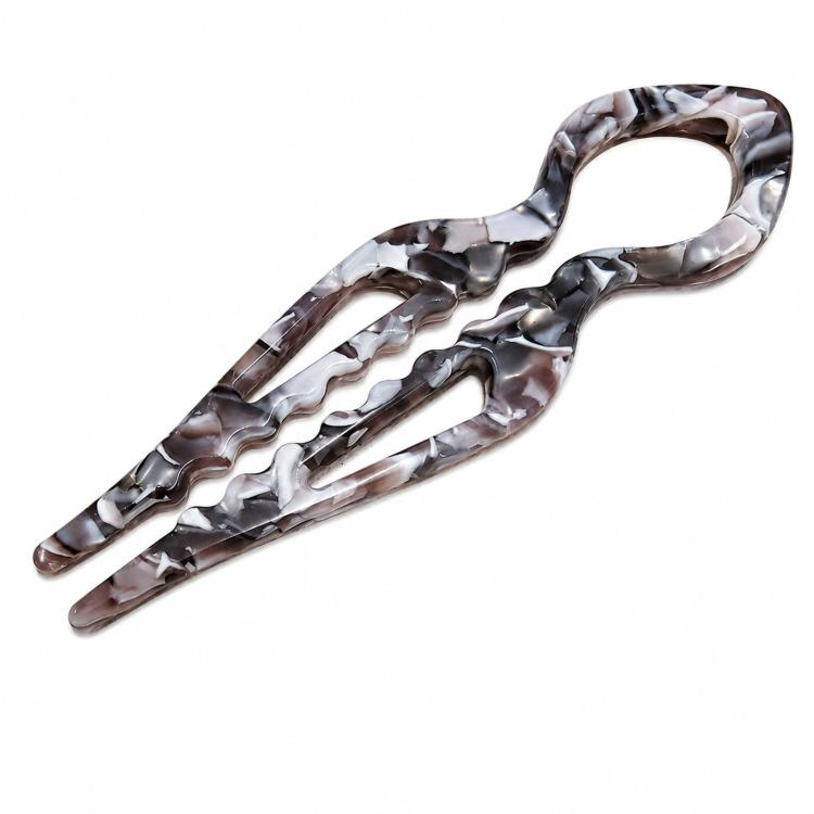 Dark tortoiseshell marbled acetate U-shaped hair pin with 2 prongs, fish bun holder.