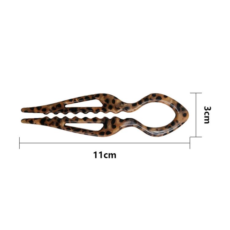 Leopard tortoiseshell acetate U-shaped hair pin with 2 prongs, fish bun holder, 11cm.