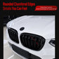 Installed front grille insert pair: black oval frames with vertical slat openings