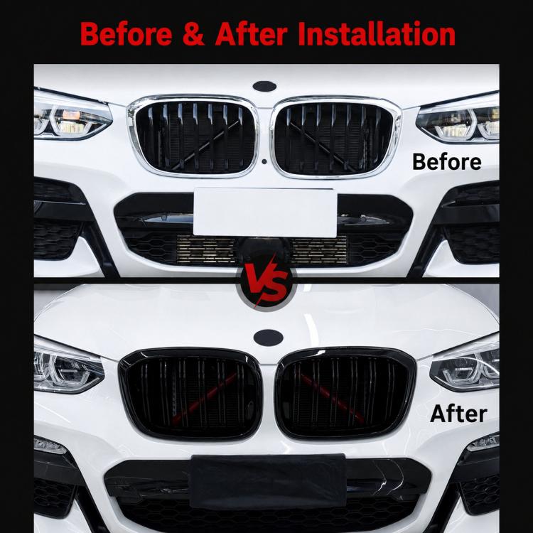 After installation: black oval front grille insert pair with vertical slat openings