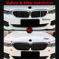 Dual kidney grille inserts with black vertical slats, front view before-and-after