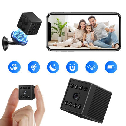 Cordless mini WiFi security camera with magnetic base, black housing and lens module