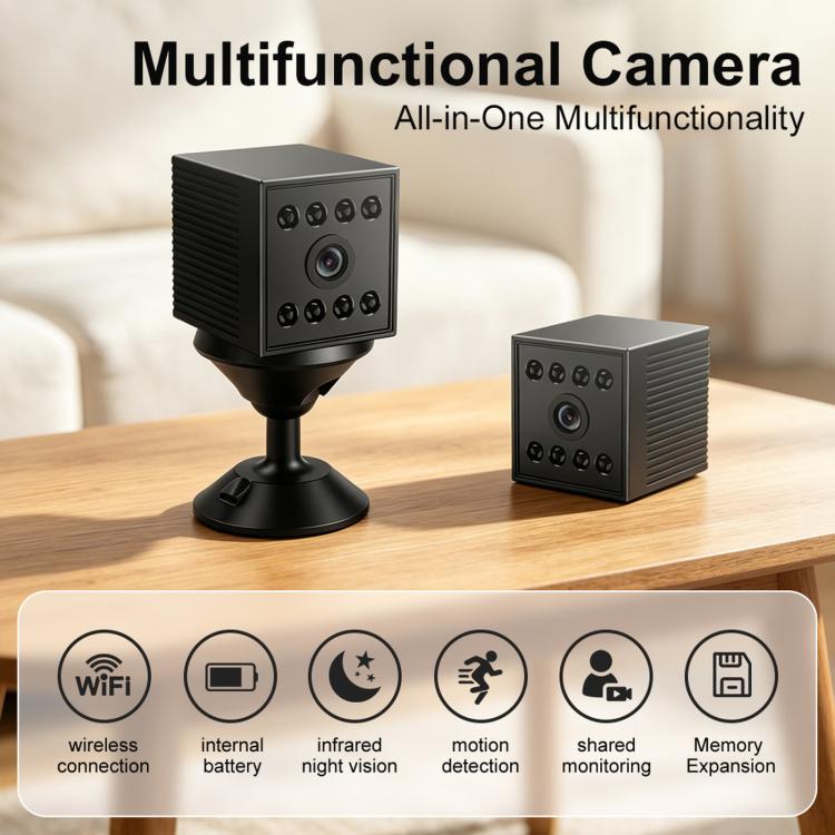 Black indoor WiFi security camera on tabletop stand, plus second camera on display