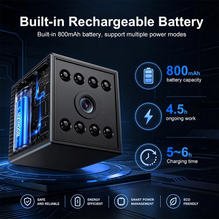 Rechargeable mini WiFi camera with exposed 800mAh battery compartment