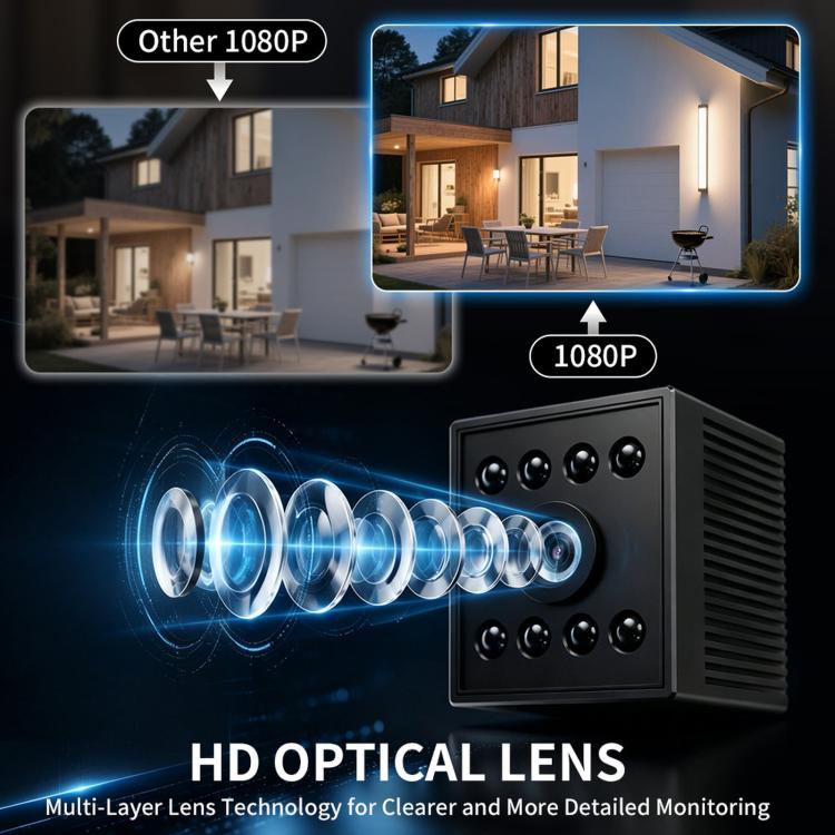 Black security camera with glowing blue night-vision LEDs and multiple lens openings