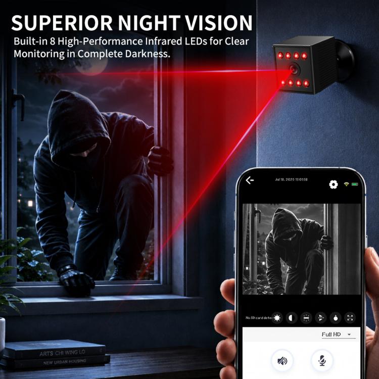 Black indoor night-vision security camera with red infrared LED glow