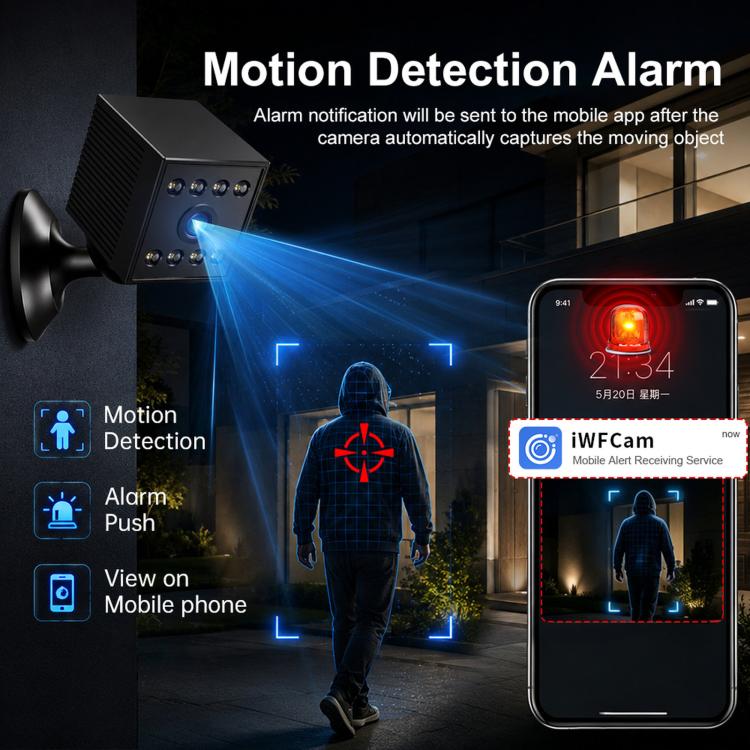 Black motion-detection security camera with blue light effect and smartphone alert screen